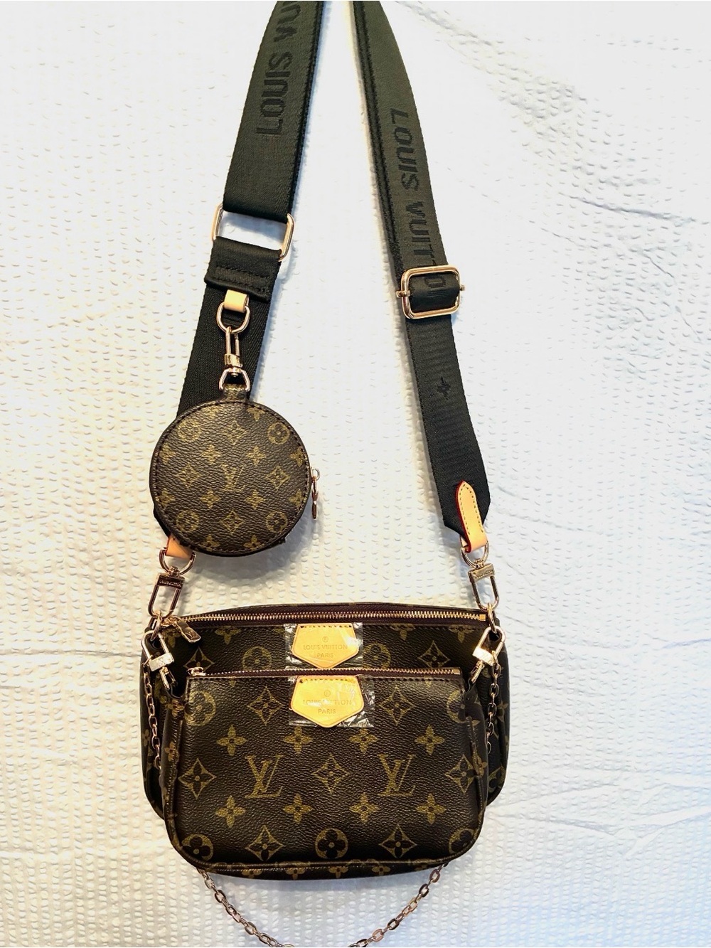 Louis Vuitton Brown monogram bag three piece set crossbody dark green strap